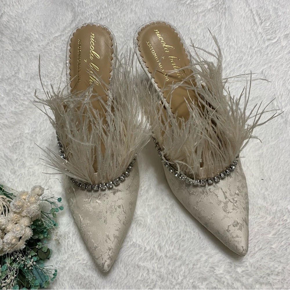 Antonio Melani x Nicola Bathie Liz Ostrich Feathers Rhinestone Dress Mules - Picture 8 of 16